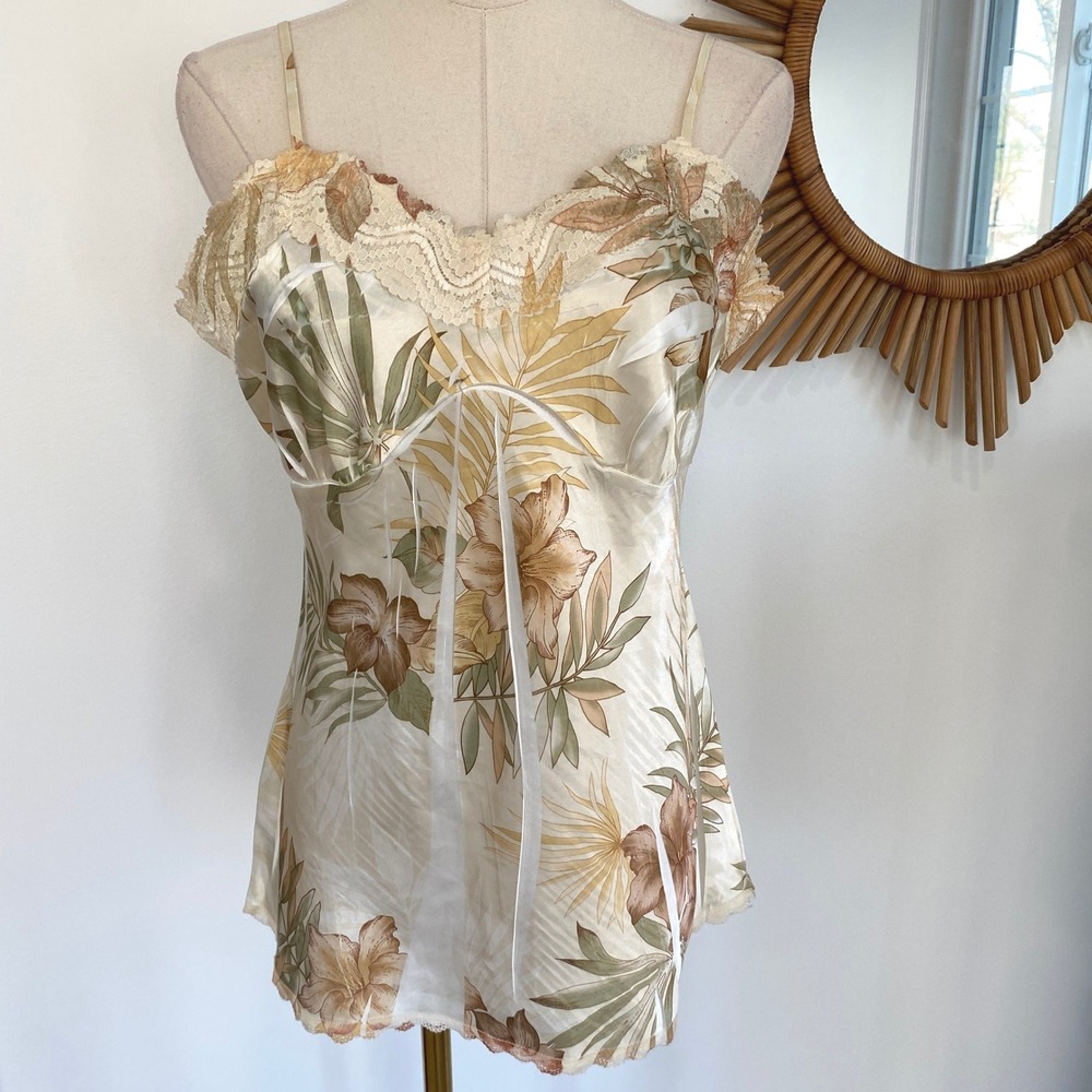 Vintage Y2K Studio Y Floral Satin Cami Tank Top Lace Trim XL